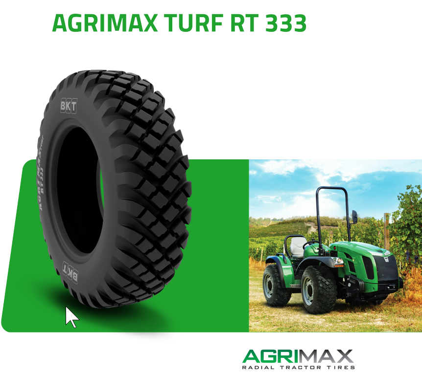 Сделано в BKT: AGRIMAX TURF RT 333 радиальная шина для небольших тракторов, используемых в садоводствах, в плодовых питомниках и виноградниках.